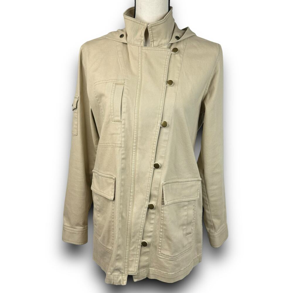 CAbi Nanook Tan Cotton Twill Utility Jacket Lightweight Faux Fur Hood Size Small - Picture 10 of 13
